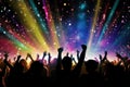 a vibrant concert crowd illuminated by colorful stage lights and surrounded by falling confetti