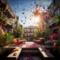 Vibrant Confetti Burst in Urban Rooftop Garden Royalty Free Stock Photo