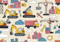 Vibrant construction site scene with heavy machinery and buildings seamless pattern Royalty Free Stock Photo