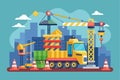 A vibrant construction site showcases cranes, trucks, and tools, highlighting urban development activities, Under construction Royalty Free Stock Photo