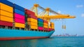 Vibrant Container Ship at Port with Cranes and Clear Blue Sky Enhancing Maritime Activity