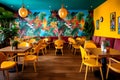 A vibrant and contemporary cafÃ© with diverse furniture elements and eye-catching artworks