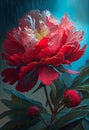 Vibrant Contrasts: A Red Peony Flower Rain Studio Against a Blue Wall with Key Accents