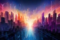 Vibrant Convergence: Abstract Arrows Uniting in Futuristic Cityscape