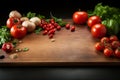 Vibrant cooking scene on dark wooden surface, top view with space for text, realistic presentation