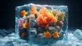 A vibrant coral reef frozen in time inside a large ice cube, surrounded by smaller ice cubes Royalty Free Stock Photo