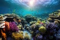 Vibrant Coral Reef Teeming with Colorful Fish and Plants in Dreamy Underwater Scene Royalty Free Stock Photo