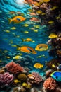 A vibrant coral reef teeming with marine life, featuring colorful fish,