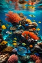 A vibrant coral reef teeming with marine life, featuring colorful fish,