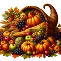 Vibrant cornucopia overflowing with autumn harvest fruits and vegetables.
