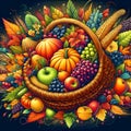 Vibrant cornucopia overflowing with autumn harvest fruits and vegetables.