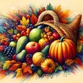 Vibrant cornucopia overflowing with autumn harvest fruits and vegetables.