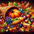 Vibrant cornucopia overflowing with autumn harvest fruits and vegetables.