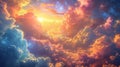 Vibrant cosmic clouds with radiant rainbow colors. Ethereal skyscape blending sunlight and starlight. Concept of