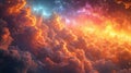 Vibrant cosmic clouds with radiant rainbow colors. Ethereal skyscape blending sunlight and starlight. Concept of cosmic