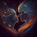 Vibrant Cosmic Fantasy Art of a Loving Couple made of Intricate Illuminated Lines, Connected by a Neural Network with Glowing