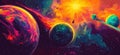 Vibrant cosmic landscape featuring colorful planets, asteroids, and a bright sun, copy space for text Royalty Free Stock Photo