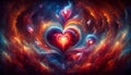 A vibrant cosmic scene with a central heart-shaped nebula surrounded by swirling colors and smaller hearts. Royalty Free Stock Photo