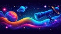 Vibrant cosmic scene with planets, nebula, and telescope Royalty Free Stock Photo