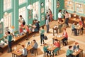 Vibrant Cozy Coffee Shop Isometric Illustration with Intricate Details