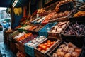 vibrant crates filled with assorted seafood at a market