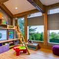 A vibrant and creative playroom with a custom-built treehouse, a slide, and an arts and crafts station1, Generative AI Royalty Free Stock Photo