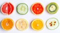 Vibrant and Crisp: A Colorful Assortment of Fresh Fruit and Vegetable Slices on a White Background - Royalty Free Stock Photo