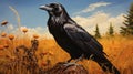 Vibrant Crow In A Field Of Tall Grass - Photo Hyper-realism