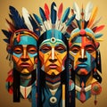 Vivid image of three Indians in headdresses. AI generation