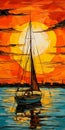 Vibrant Cubist Sailboat Painting With Sunset And Beneteau 36.7 Royalty Free Stock Photo