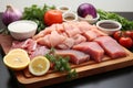Fresh raw meat on cutting board with vegetables and spices on grey background Ai generative
