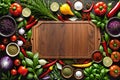 Vibrant Culinary Scene: Cutting Board Surrounded by Assorted Fresh Vegetables and Spice Herbs