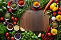 Vibrant Culinary Scene: Cutting Board Surrounded by Assorted Fresh Vegetables and Spice Herbs