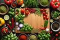 Vibrant Culinary Scene: Cutting Board Surrounded by Assorted Fresh Vegetables and Spice Herbs