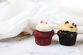 Vibrant cupcakes chocolate and red velvet with whipped vanilla cream on white background. Royalty Free Stock Photo