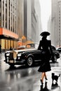 Vibrant curvy classy lady, wear black elegant winter coat high heels,rain, walk New york city taxis