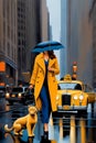 Vibrant curvy classy lady, yellow blue winter coat high heels,rain walk New york city taxis, big cat