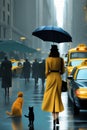 Vibrant curvy classy lady, yellow winter coat high heels,rain, walk New york city taxis, big cat