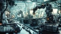 In a vibrant, cutting-edge factory, robots and automated systems work in harmony, assembling intricate products amidst sleek