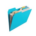 Bright cyan folder filled with documents and tabs isolated on white background Royalty Free Stock Photo
