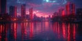 Vibrant cyberpunk cityscape with neon reflections on water, perfect for futuristic urban design and sci-fi themes.