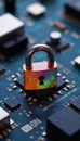 Vibrant cybersecurity padlock symbol over a complex circuit board network with a flowing data stream