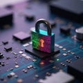 Vibrant cybersecurity padlock symbol over a complex circuit board network with a flowing data stream