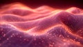 Vibrant 3D abstract background with a dynamic flow of red and purple hues, highlighted by sparkling light particles