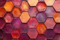 A vibrant 3D background where geometric hexagons form an intricate mosaic with a mix of matte and