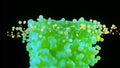 Abstract 3D render of green organic mass with glowing floating spheres on black background Royalty Free Stock Photo