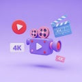 3D Icons of a Video Camera, Play Button, Clapperboard, and 4K Labels on a Purple Background Royalty Free Stock Photo