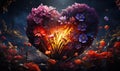 Vibrant 3D heart-shaped planet bursting with diverse flora and fauna, symbolizing love for nature and biodiversity in a