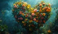 Vibrant 3D heart-shaped planet bursting with diverse flora and fauna, symbolizing love for nature and biodiversity in a