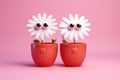 Vibrant 3D illustration showcasing two cheerful chamomiles in pot, radiating love and joy, ideal for Valentine's Day